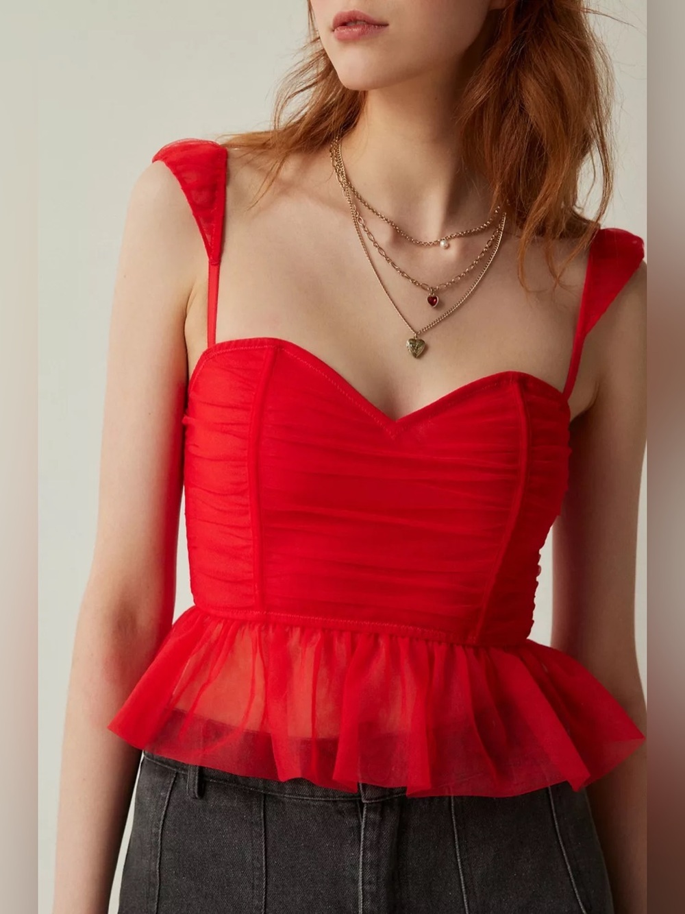 Urban Outfitters Out From Under Roseabel Tulle Corset Top Red Peplum Size Large